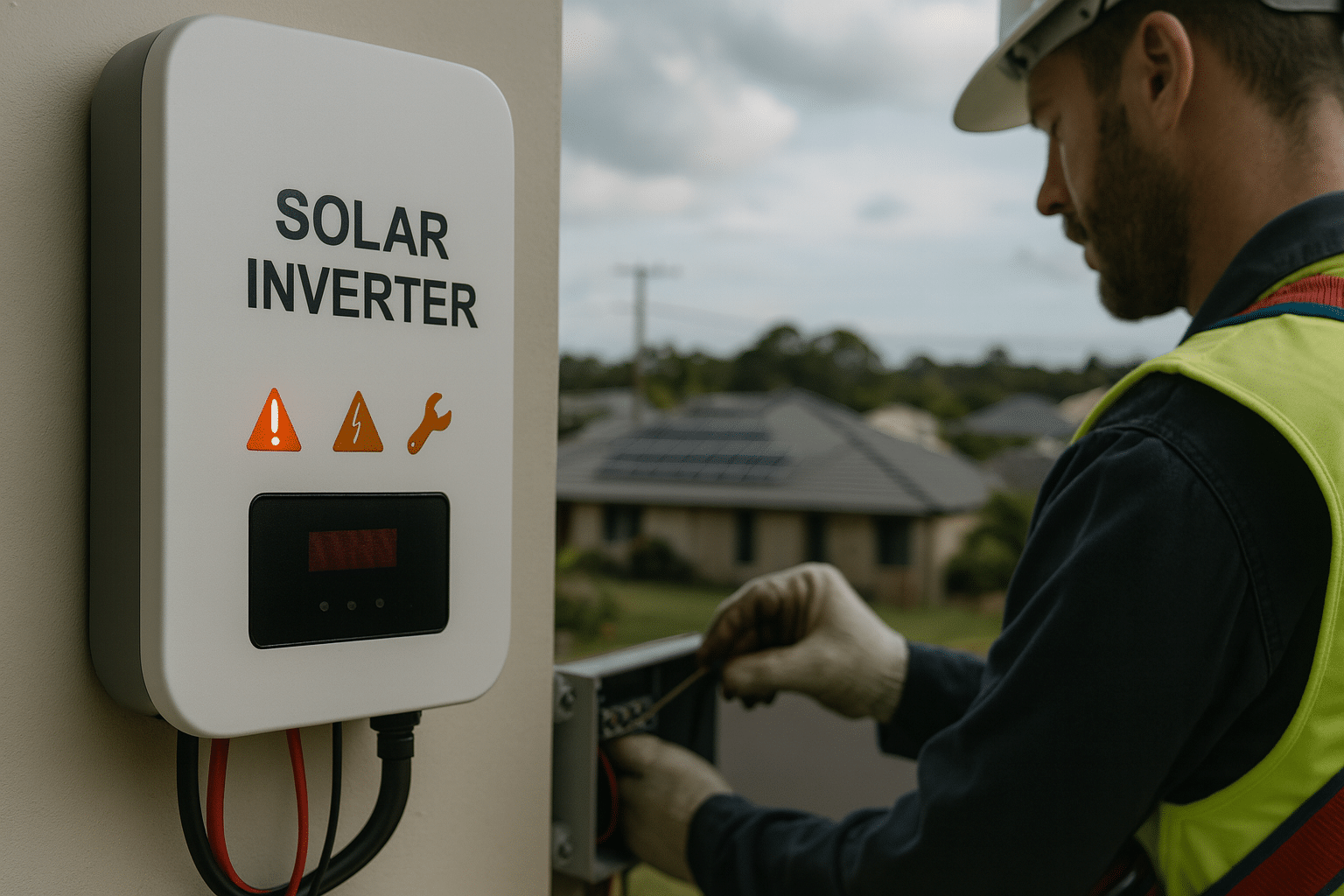 Electrician Inspecting Rooftop Solar Inverter With Warning Lights Flashing.