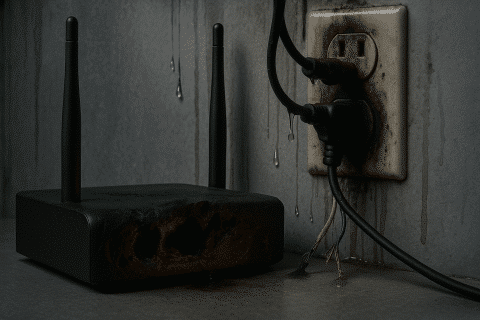 Damaged Router And Electrical Socket After Storm Surge And Water Damage.