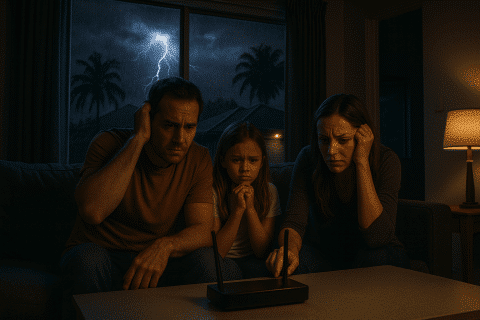 Family In A Moreton Bay Home Experiencing Internet Outage During A Lightning Storm.