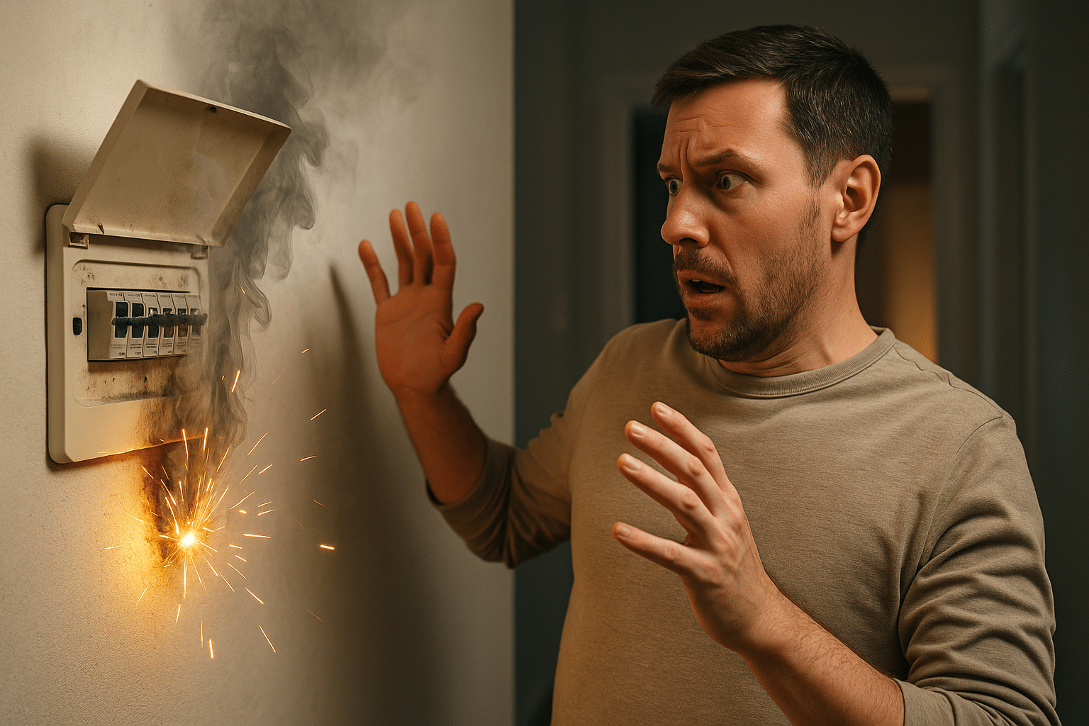 Homeowner stepping back from sparking fuse box for safety.