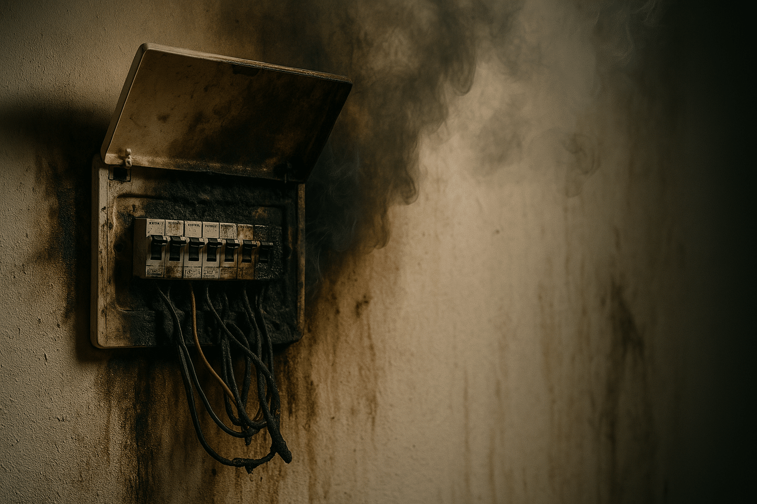 Damaged fuse box with burn marks after electrical fault in Moreton Bay home.