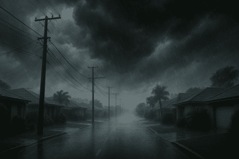 Stormy Sky Over Queensland Street With Powerlines Swaying In Strong Winds.