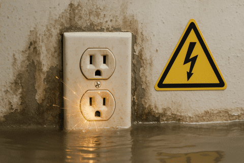 Flooded Electrical Outlet Showing Storm-Related Damage.