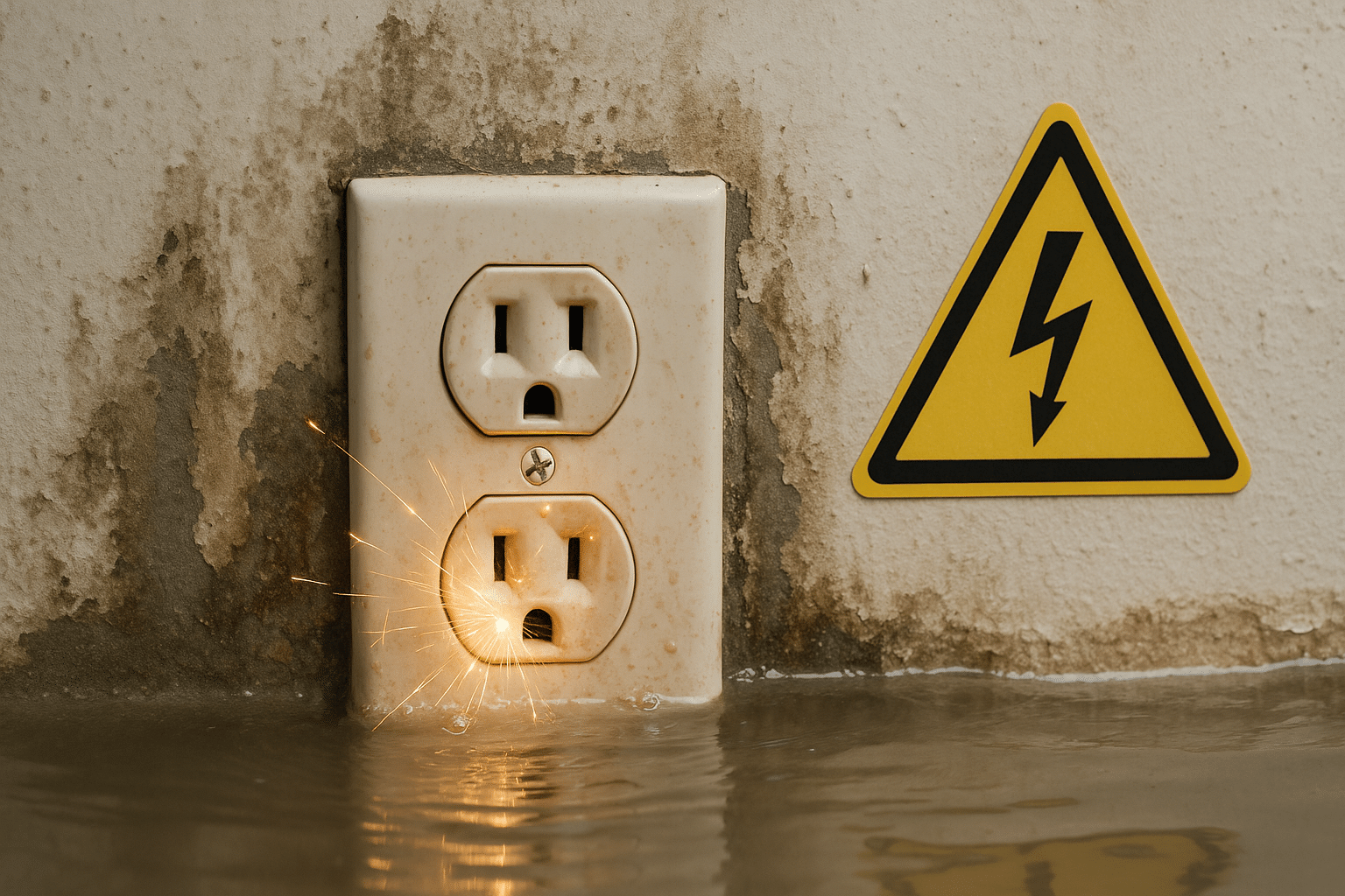 Flooded electrical outlet showing storm-related damage.